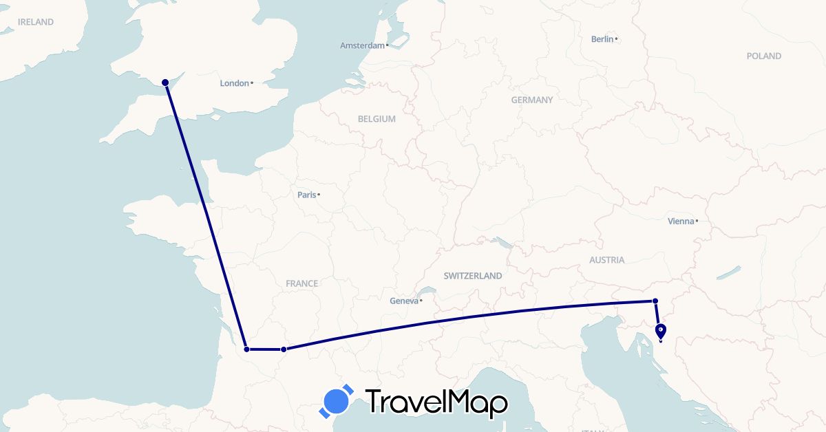 TravelMap itinerary: driving in France, United Kingdom, Croatia, Slovenia (Europe)